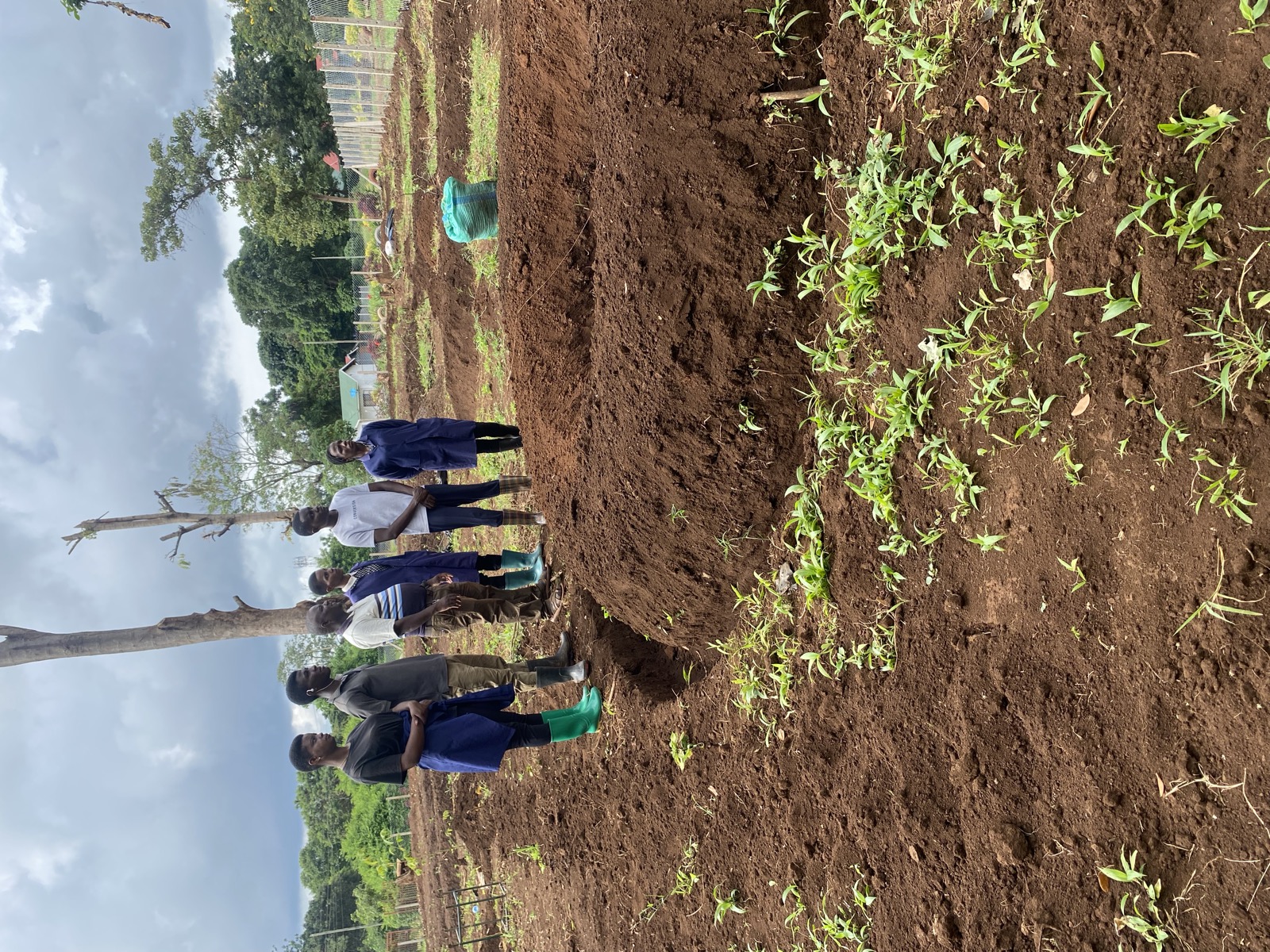 A group of young people standing beside a newly dug swale at Kibo School